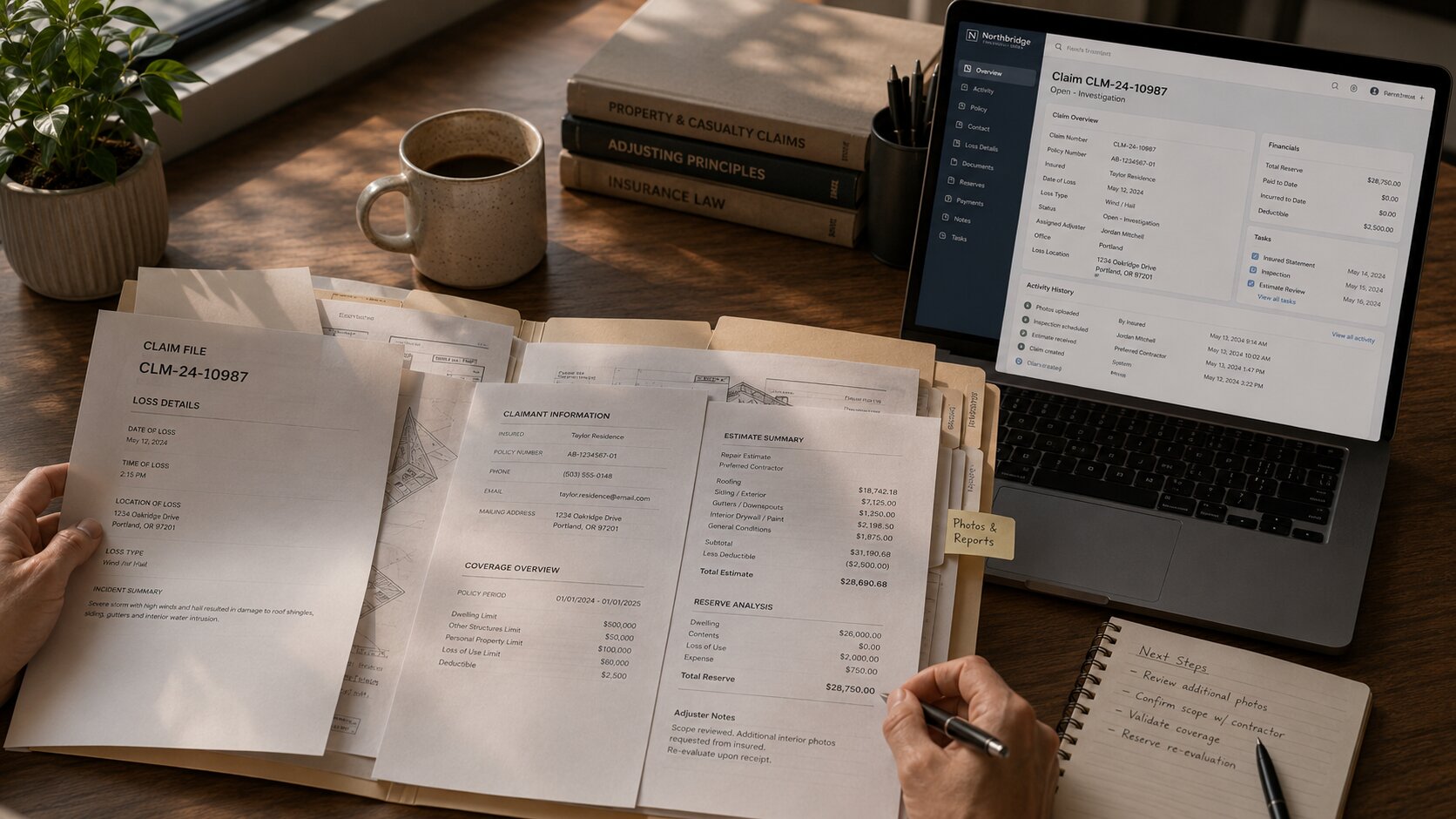 Underwriter or claims handler workstation with a policy file open alongside a carrier policy admin interface.